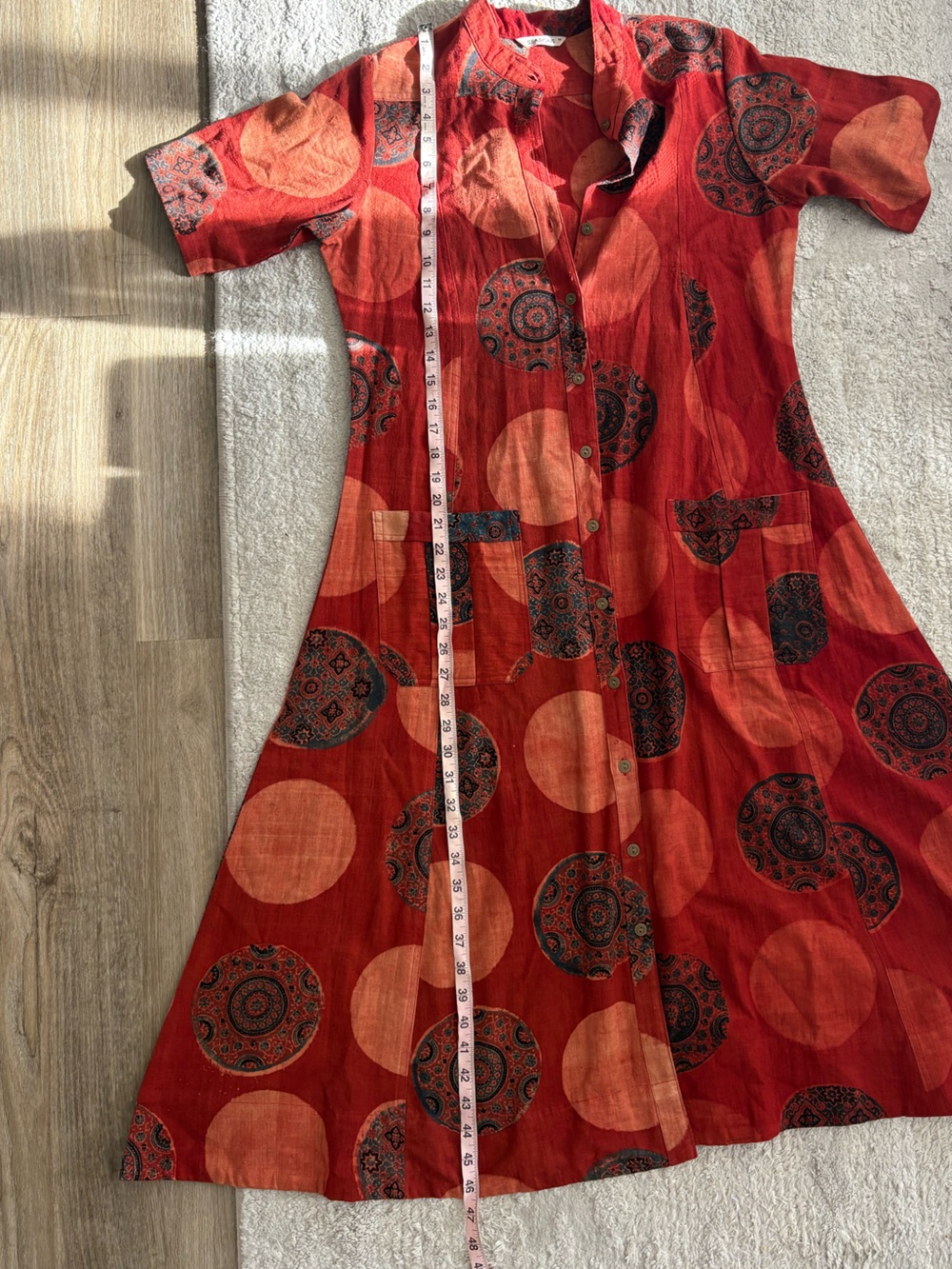 Vintage SEASONS Red Linen Abstract Geometric Print Midi Shirt Dress Pockets M - Picture 6 of 6